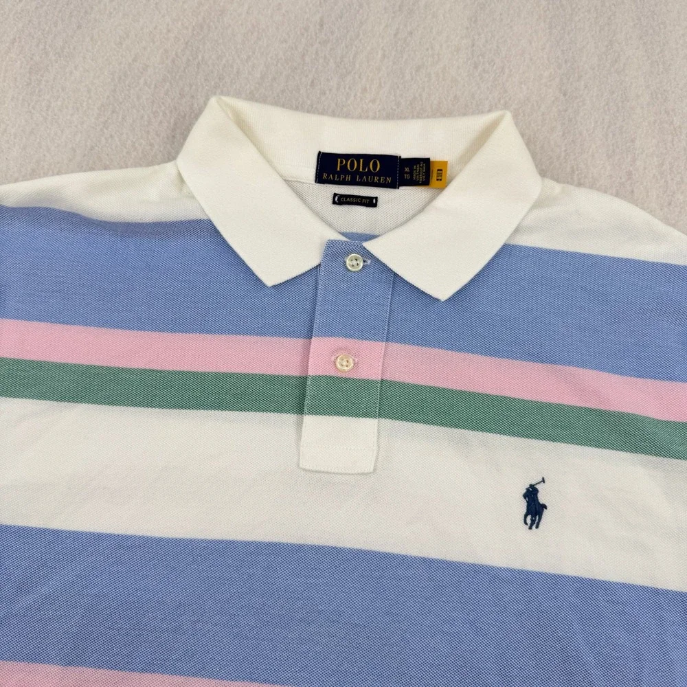 Polo Ralph Lauren Mens XL Classic Fit Short Sleeve Pique Polo White/Blue Striped